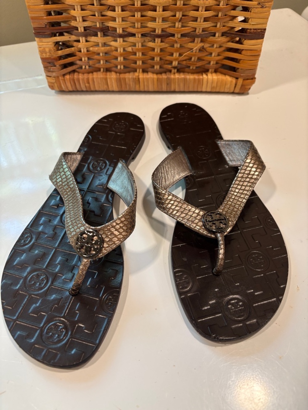 Tory Burch Metallic Bronze Leather  Snake-Print Thong Flip Flop